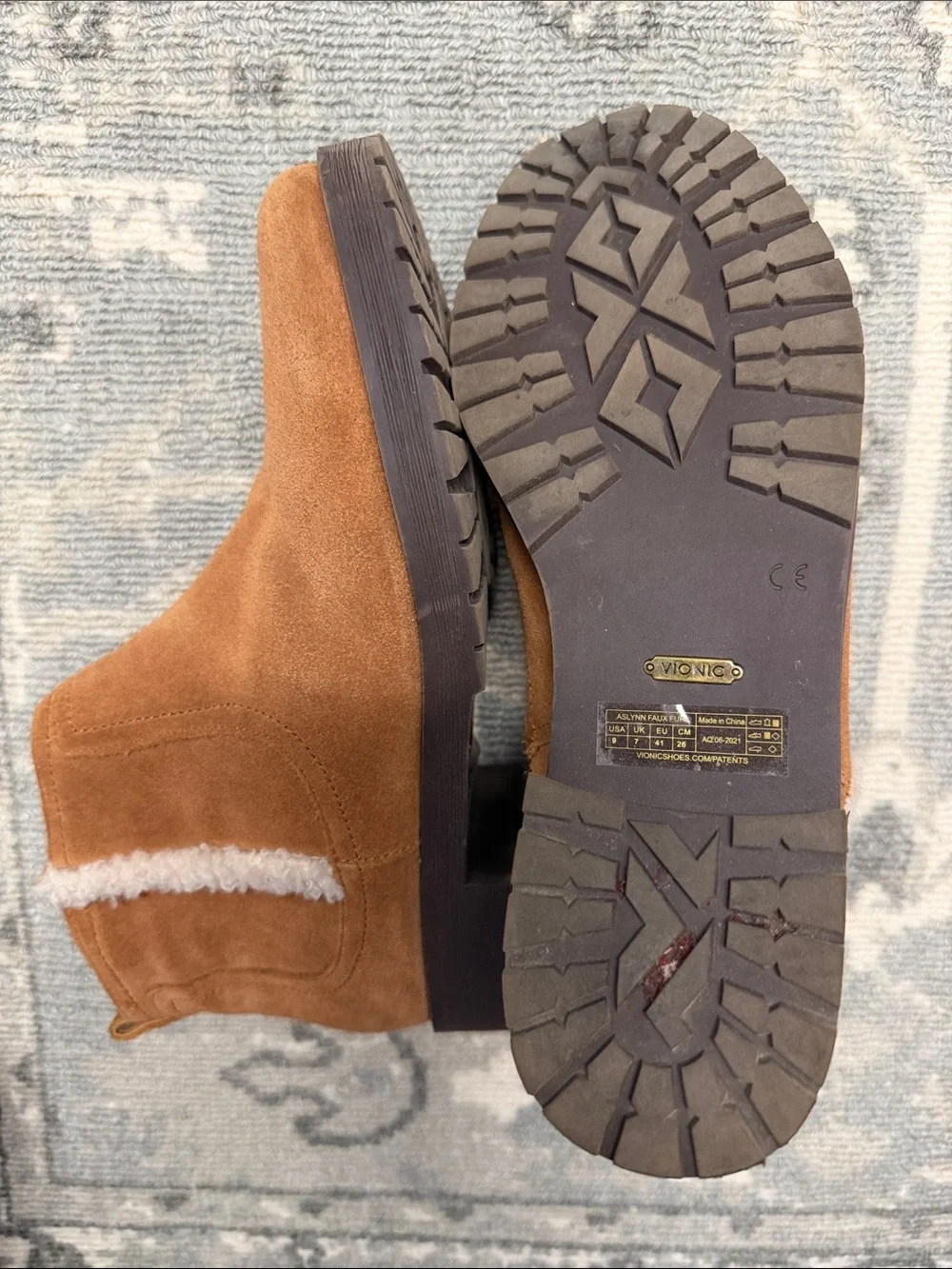 Vionic Chestnut Suede Ankle Booties with Shearling Trim